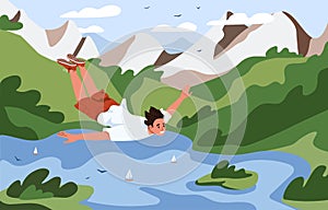 Happy guy goes land diving. Young man in extreme free falling above mountain landscape, water. Brave character jumping