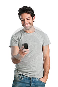 Happy guy at smart phone