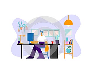 Happy guy using computer for work or online learning. Young man with pc sitting in armchair at home. Vector illustration