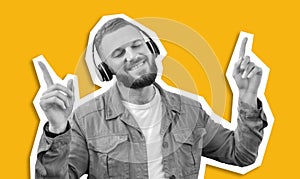 Happy guy using wireless headset, dancing and singing, collage