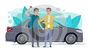 Happy guys celebrate buying a car. Friends rent a car. Car sharing. Transport driving. car concept for banner. Cartoon
