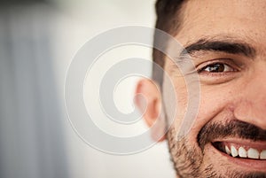 Happy, half face and portrait of a man with a smile for a positive mindset with mockup space. Happiness, excited and