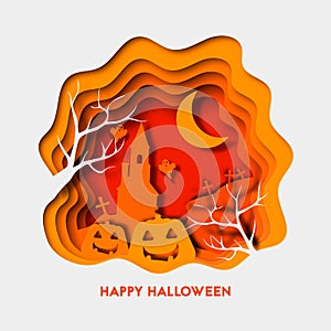 Happy halloween 3d abstract paper cut illlustration with pumpkin, house, cementry. Vector colorful template