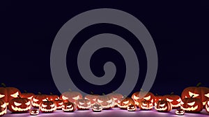 Happy Halloween 3D backdrop featuring carved pumpkins lantern with glowing light inside on a dark background