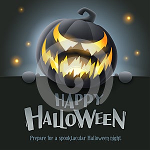 Happy Halloween. 3D illustration of cute glowing Jack O Lantern black pumpkin character with big greeting signboard on black