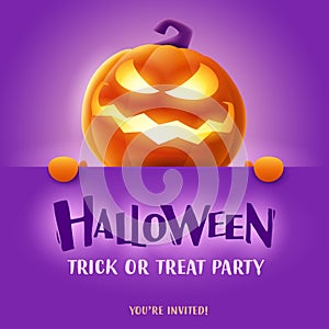 Happy Halloween. 3D illustration of cute glowing Jack O Lantern orange pumpkin character with big greeting signboard on purple