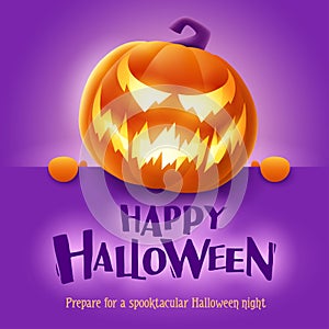 Happy Halloween. 3D illustration of cute glowing Jack O Lantern orange pumpkin character with big greeting signboard on purple