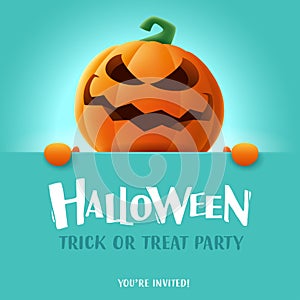 Happy Halloween. 3D illustration of cute Jack O Lantern orange pumpkin character with big greeting signboard on teal background