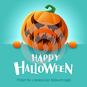 Happy Halloween. 3D illustration of cute Jack O Lantern orange pumpkin character with big greeting signboard on teal background