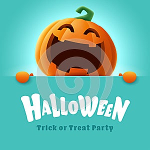 Happy Halloween. 3D illustration of cute Jack O Lantern orange pumpkin character with big greeting signboard on teal background