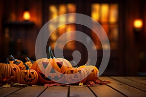 Happy Halloween in 3D Jack o lantern pumpkins, podium, bats, and orange background
