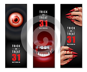 Happy halloween 3D realistic scary bloodshot eyeball vmapire fang and bloody hand banner set