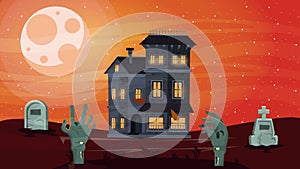 Happy halloween animated scene with haunted house and cemetery at night