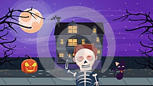 Happy halloween animated scene with skeleton in haunted house