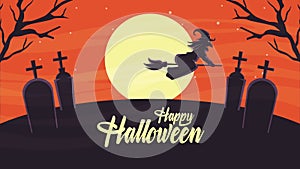 Happy halloween animated scene with witch flying in moon and cemetery