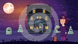 Happy halloween animated scene with witch in haunted house