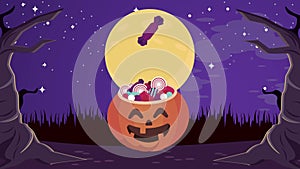 happy halloween animation with candies pumpkin and moon scene