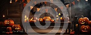 Happy halloween backdrop in yard with jack o lanterns