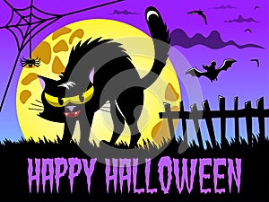 Happy Halloween background angry demonic cat big full moon