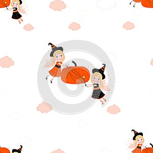 Happy Halloween background with cute fairy holding pumpkin seamless pattern