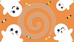 Happy Halloween Background with Cute Ghosts and Candys Vector Illustration. Halloween Ornaments on Orange Background.