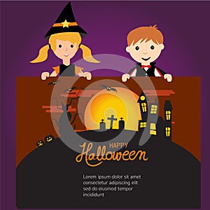 Happy Halloween background with cute little vampire and witch
