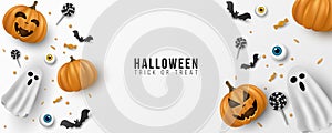 Happy Halloween background design. 3d emotional, cartoon, smiling pumpkins with eyes, sweets, lollipops, flying bats, ghost on