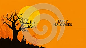 A happy halloween background with a full moon and a tree in the foreground