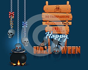Happy Halloween, background with a magic cauldron and wooden sign