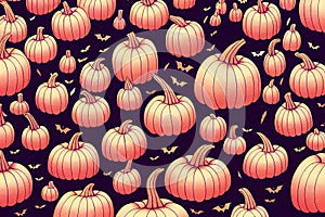 Happy Halloween background, orange pumpkins and bats pattern.