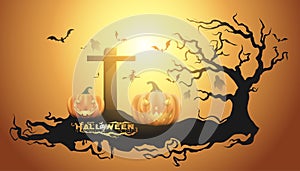 Happy Halloween background with pumpkin ghost, Haunted house with full moon and The witch was casting magic spells and made poison