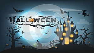 Happy Halloween background with pumpkin ghost, Haunted house with full moon and The witch was casting magic spells and made poison