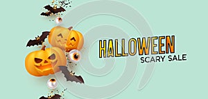 Happy Halloween Background realistic pumpkins and bats. Halloween scary sale. vector illustration