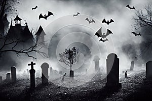 Happy Halloween background, scary creepy forest in night graveyard.