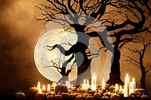 Happy Halloween background, scary pumpkins in creepy forest in night backdrop.