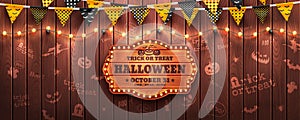 Happy Halloween background with string light and Halloween buntings on wood background.Website spooky or banner template.Vector