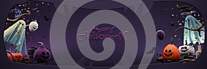 Happy Halloween background with text. Funny cartoon paper art with Halloween symbols on purple background.