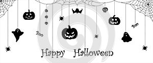 Happy Halloween background vector black and white illustration. Happy Halloween banner.
