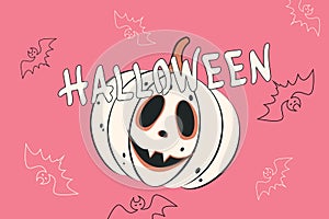 Happy Halloween background.White retro pumpkin, hand lettering.