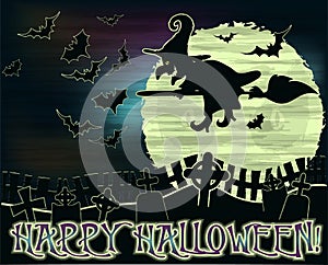 Happy Halloween background with witch and cemetery