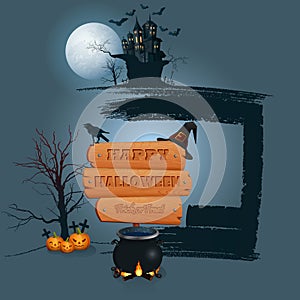 Happy Halloween background with wooden sign in moonlight scene