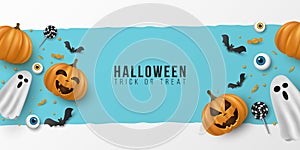 Happy Halloween banner. 3d emotional, cartoon, smiling pumpkins with eyes, sweets, lollipops, flying bats, ghost on blue