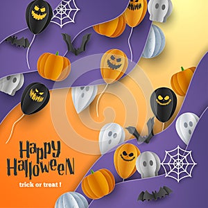 Happy Halloween banner background with clouds and pumpkins in paper cut style. Full moon in the sky, spiders web, skull, ghost and