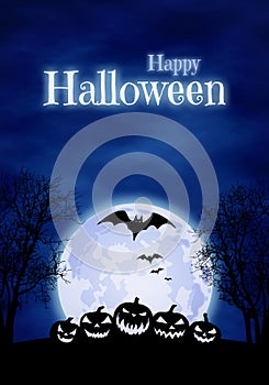 Happy Halloween banner background with Jack o` lantern pumpkins and full moon