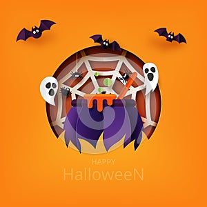 Happy Halloween banner background template paper art style