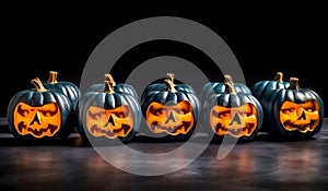 Happy Halloween banner with carved pumpkins on dark background. Mockup. Generative AI