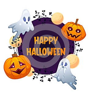 Happy Halloween banner design with circle for text and pumpkins, ghosts, moon. Trick or treat. Square shape. Colorful vector