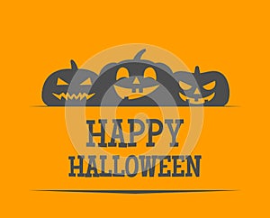 Happy halloween banner design with pumpkins scary faces on orange background