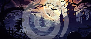 Happy Halloween Banner: Dreamlike Illustration Witch , Full Moon, and Haunted House,