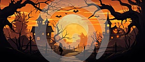 Happy Halloween Banner: Dreamlike Illustration Witch , Full Moon, and Haunted House,